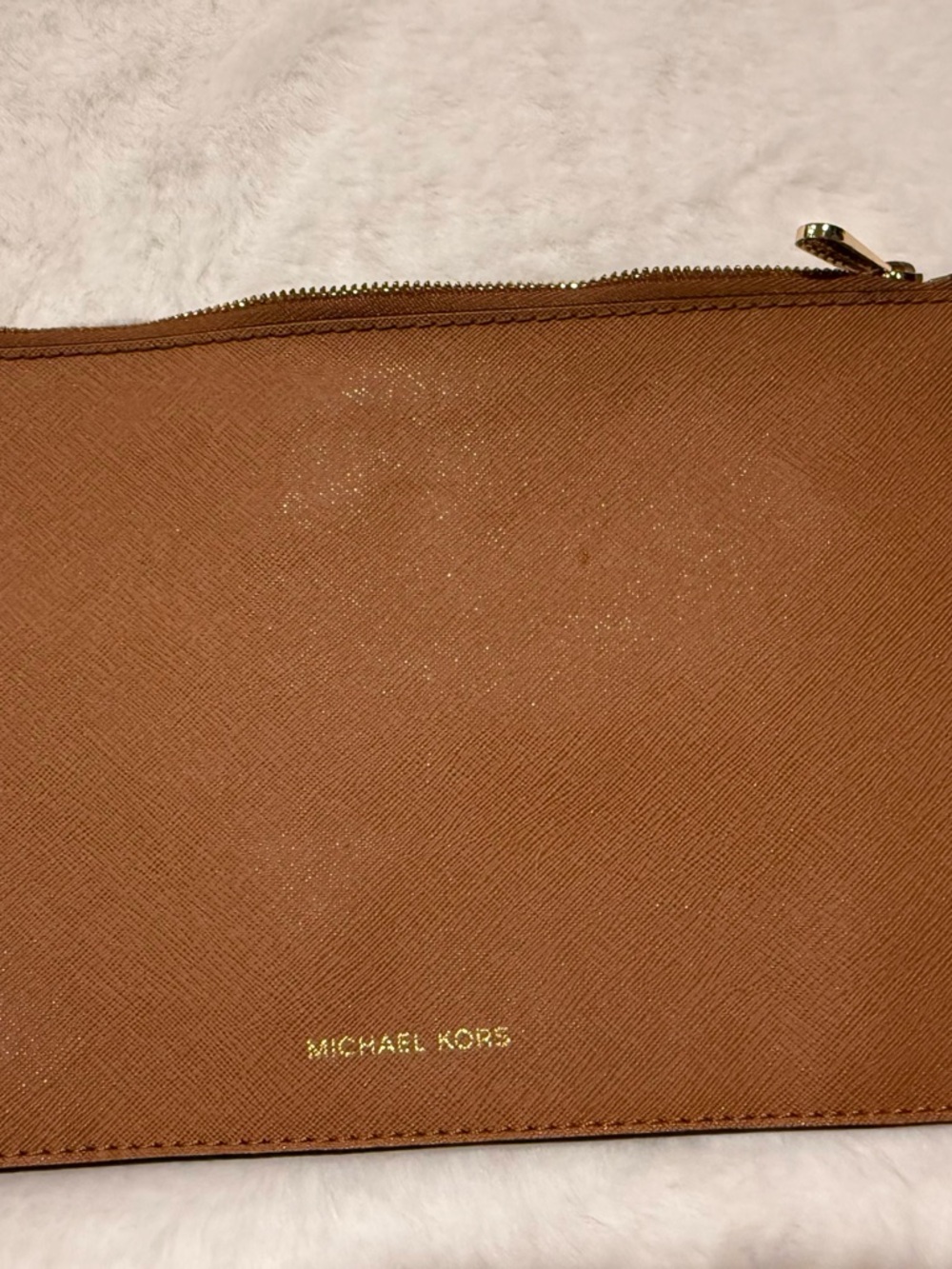 MICHAEL KORS Brown Saffiano Leather Travel Toiletry Pouch with Gold Hardware